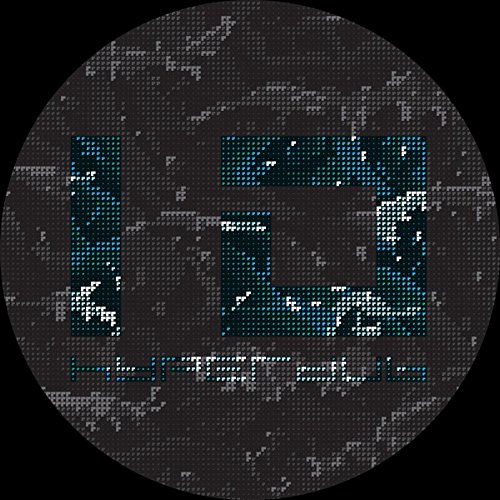Circular vinyl record label with pixelated blue text and dark background.