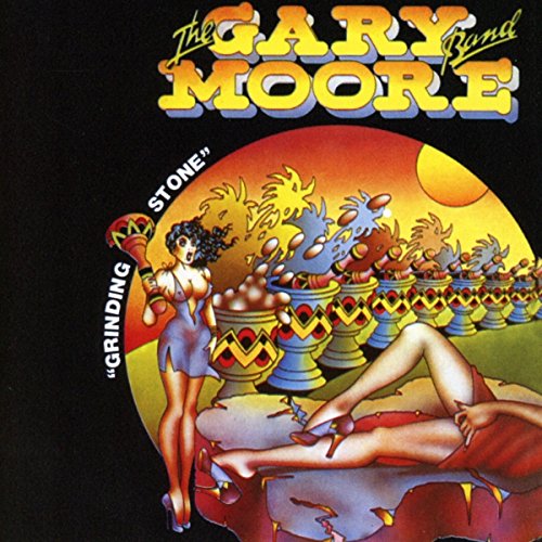 Gary Moore Band Grinding Stone album cover featuring stylized illustrations of women and chalices.