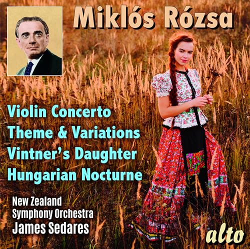 CD cover for Miklós Rózsa’s Violin Concerto featuring portraits and a field.