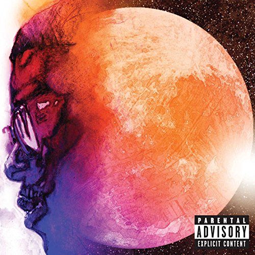 Profile sketch of Kid Cudi against a large orange moon in space.