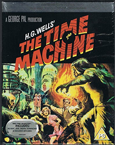 The Time Machine" Blu-ray cover featuring figures fleeing a monstrous creature.