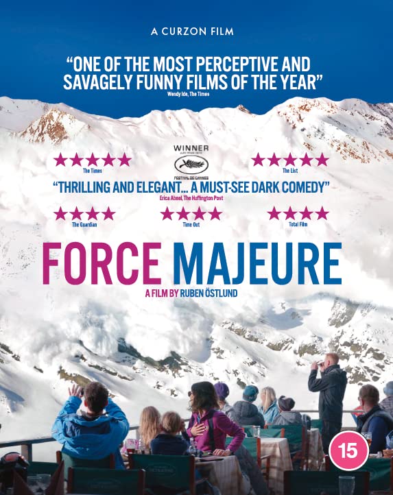 Force Majeure" Blu-ray cover: family at a ski resort with snowy mountains.