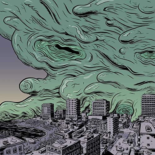 Illustration of a city overwhelmed by a large, swirling green mass.
