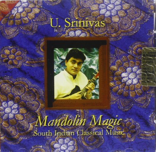 CD cover: U. Srinivas playing a mandolin, ornate blue background.