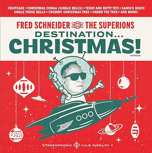 Red album cover featuring an astronaut riding a green rocket ship.