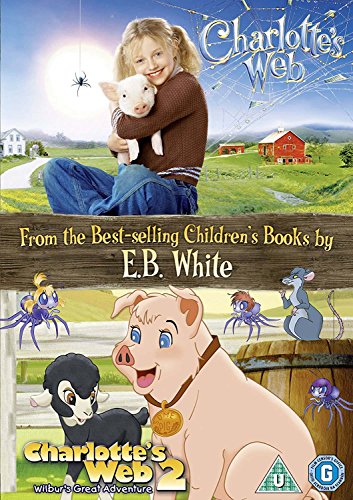 “Charlotte’s Web” DVD cover featuring a girl with a pig and animated characters.