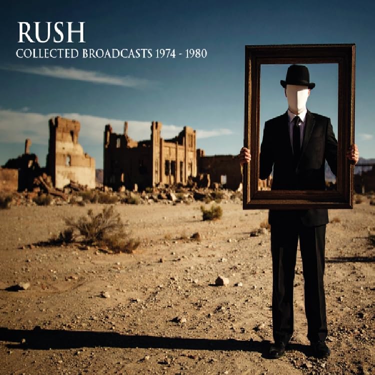Rush album cover: man in suit holding frame in desert landscape.