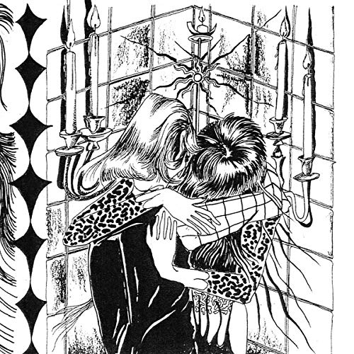 Black and white illustration of a couple embracing amid candles.