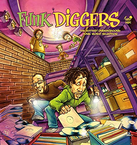 Album cover for “Funk Diggers” depicts people searching through vinyl records.