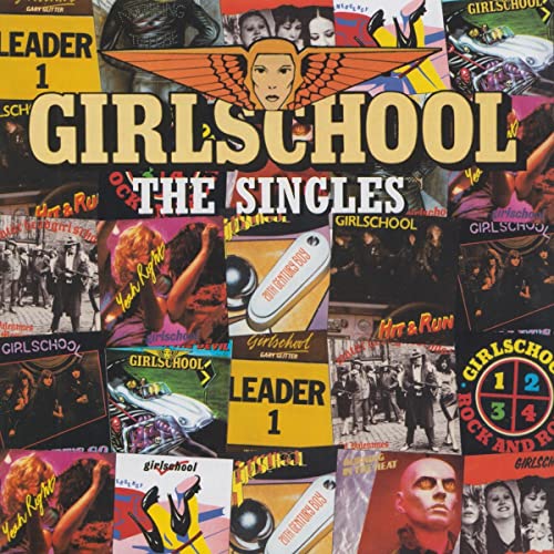 Girlschool singles collection CD cover with band imagery and text.