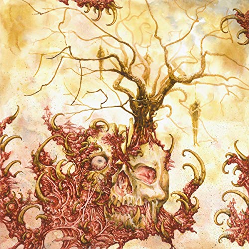 Distorted tree and skull illustration with organic, red, and beige tones.