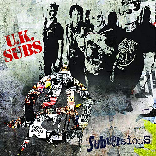 Black and white band photo with collage and red "U.K. SUBS" text.