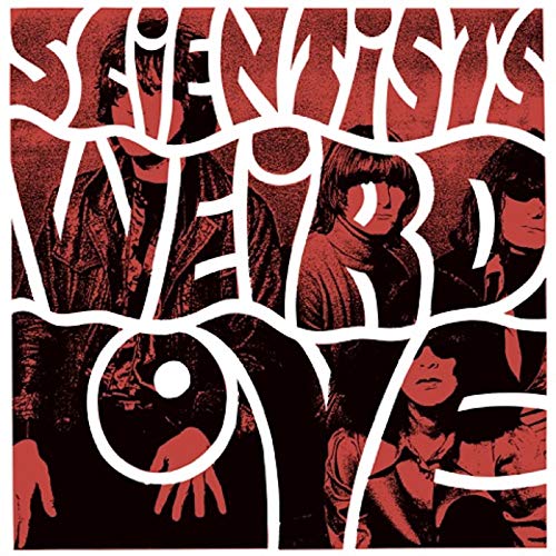 Scientists" album cover: red and white distorted text with band photo.