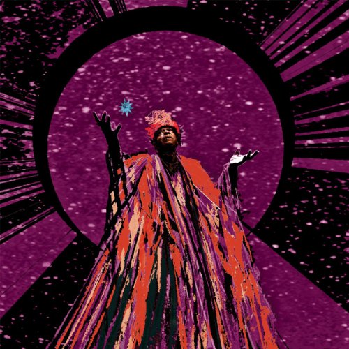 Sun Ra in colorful robes with arms raised, framed by circles and stars.