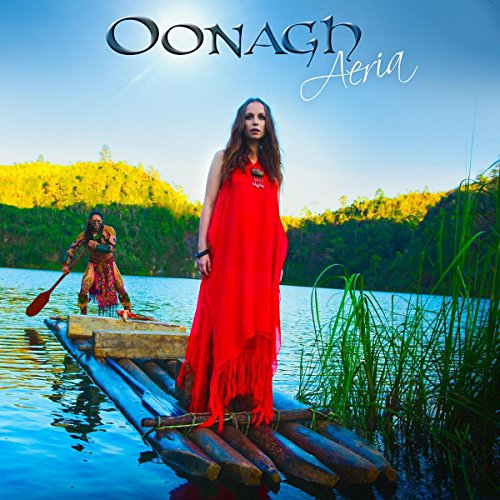 CD cover: woman in red dress on a small raft, landscape background.