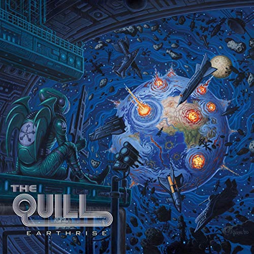 Sci-fi album cover depicting a damaged Earth, spaceships, and a figure.