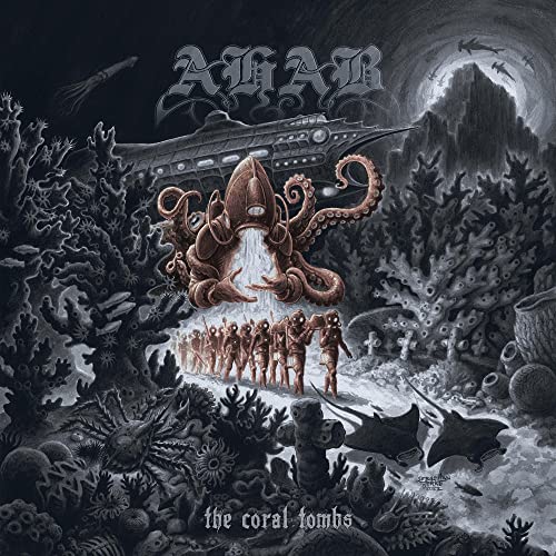 Dark album cover depicting an octopus, submarine, and marching figures underwater.