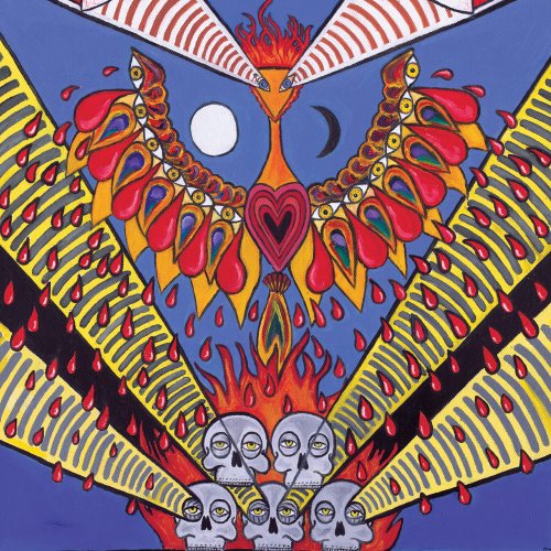 Psychedelic album art with skulls, flames, a heart, and celestial bodies.