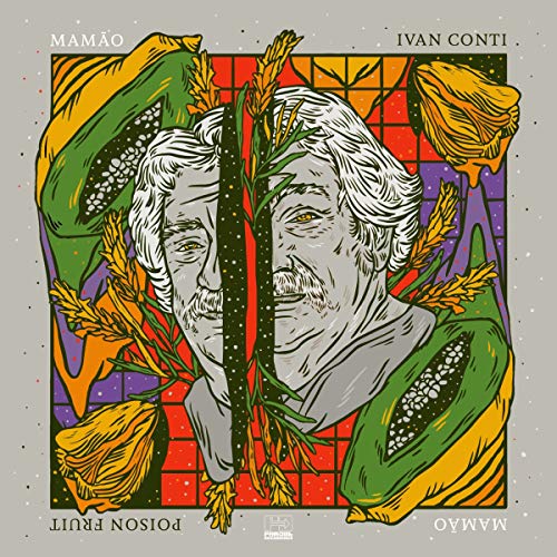Split portrait of Ivan Conti with stylized fruit and foliage.
