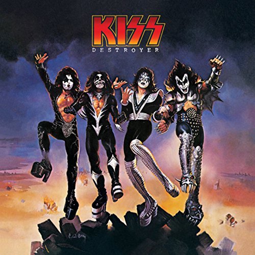 Kiss band members in makeup pose dramatically on album cover.