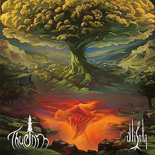 Fantasy landscape painting of a large tree with fiery ground below.