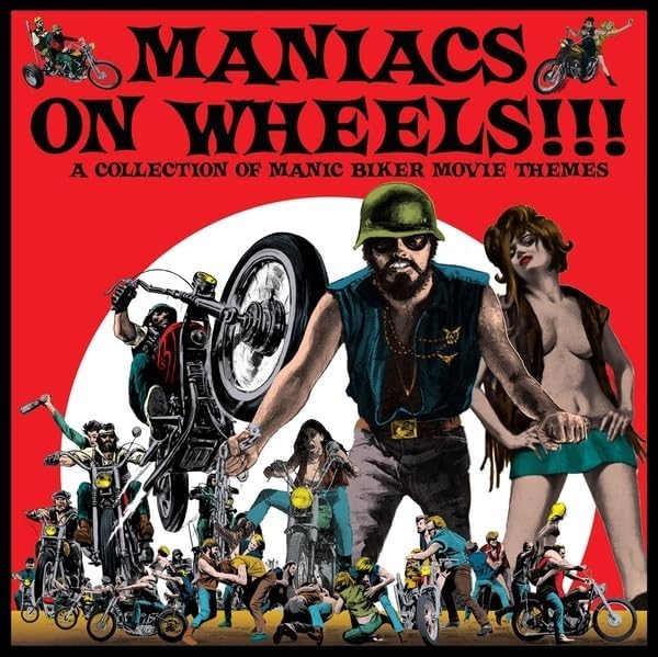 Vintage album cover featuring bikers, a woman, and a red background.