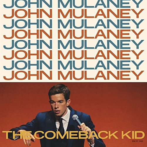 CD cover featuring comedian John Mulaney with a microphone, red background.