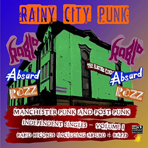 Album cover for “Rainy City Punks” with green building and band names.