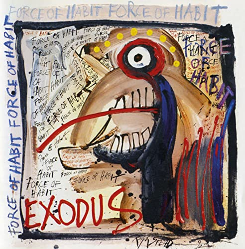 Abstract expressionist album cover for Exodus Force of Habit with repeated text and drawings.