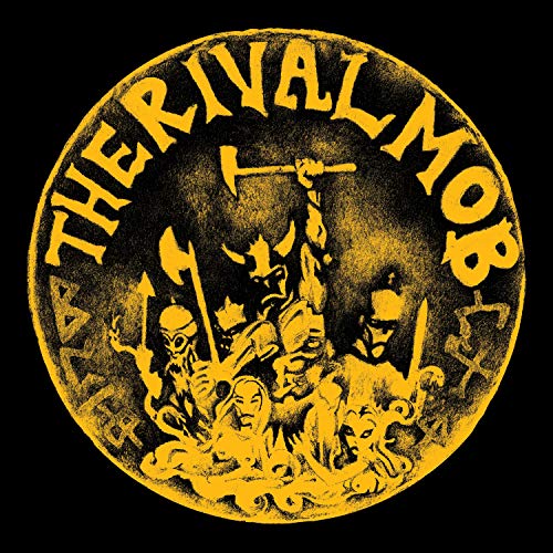 Yellow illustration of a mob with weapons, encircled by band name text.
