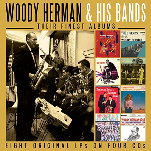 CD cover for Woody Herman & His Bands’ “Their Finest Albums” featuring band photos.