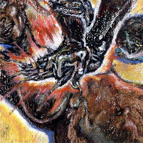 Abstract painting with bold brushstrokes in red, black, and gold tones.