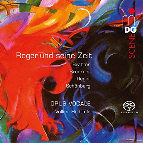 CD cover with abstract red and blue paint strokes, composer names listed.