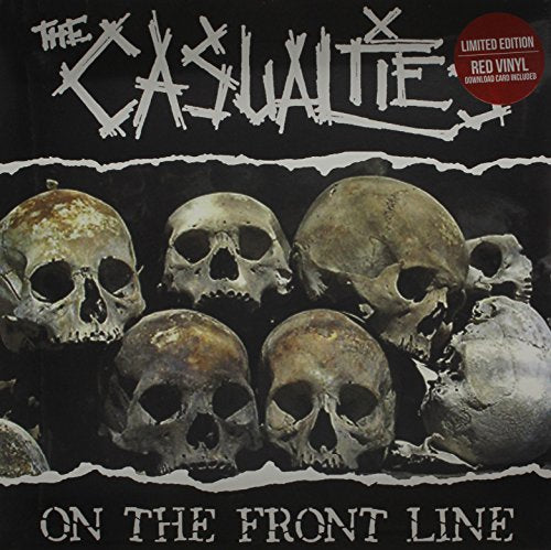Vinyl record cover with band name and pile of human skulls.