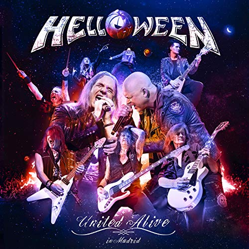 Helloween album cover: band performing live with pumpkin logo and title.