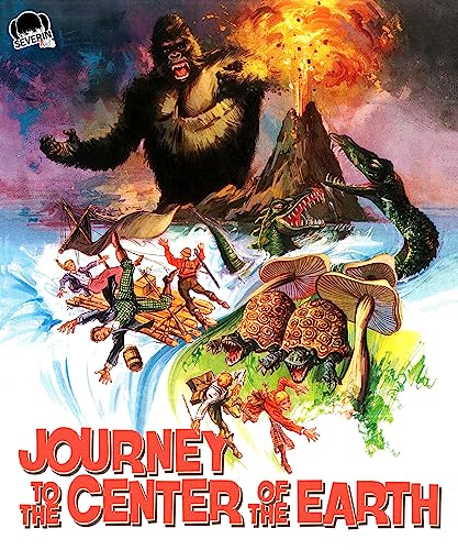 Vintage movie poster: gorilla, dinosaur, explorers, volcano, and giant mushrooms.
