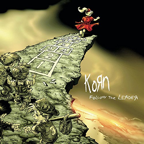 Illustration of children playing hopscotch on a cliff edge with the Korn band logo.
