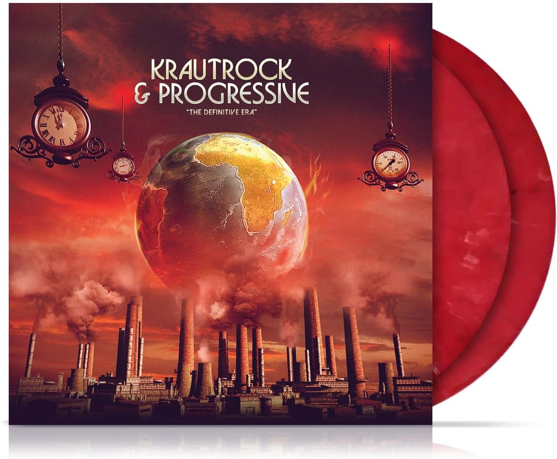 Red marbled vinyl record cover with a globe, clocks, and industrial landscape.