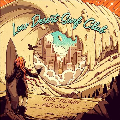 Vinyl album cover: stylized wave with city scene and surfer figure.