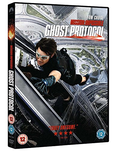 DVD cover for Mission Impossible: Ghost Protocol showing Tom Cruise climbing a glass building.
