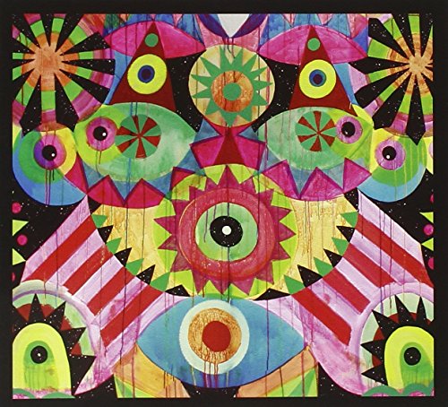 CD cover with colorful, symmetrical, abstract shapes resembling eyes and rockets.
