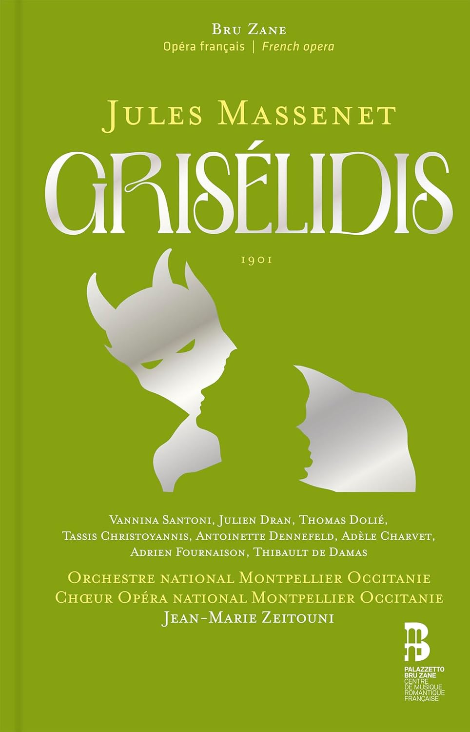 Green CD cover for Jules Massenet's Griselidis featuring white text and stylized silhouette illustrations.