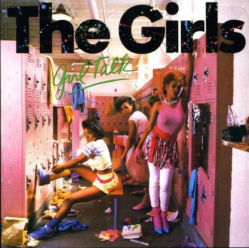 Album cover for "Girl Talk" by The Girls, featuring three women in a pink locker room.