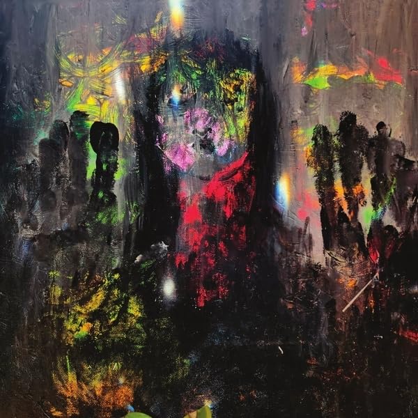 Abstract painting of a face with colorful, blurred figures.