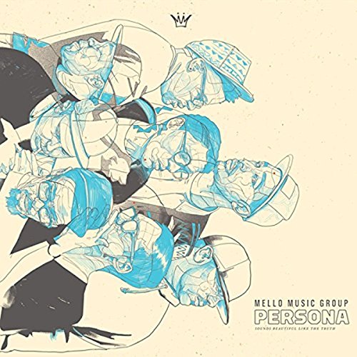 Album cover for Mello Music Group’s “Persona” with sketched figures in blue.