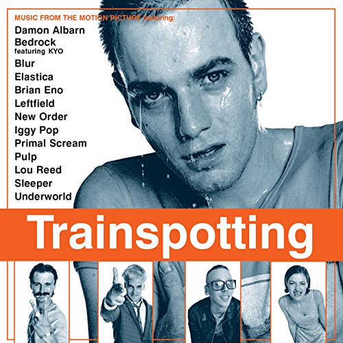 Trainspotting soundtrack vinyl cover with a close-up portrait and artist list.