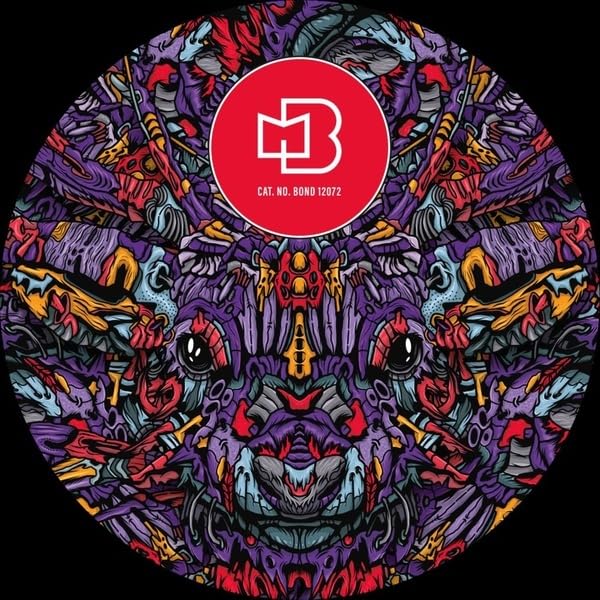 Vinyl record label with abstract, colorful face design and red logo.
