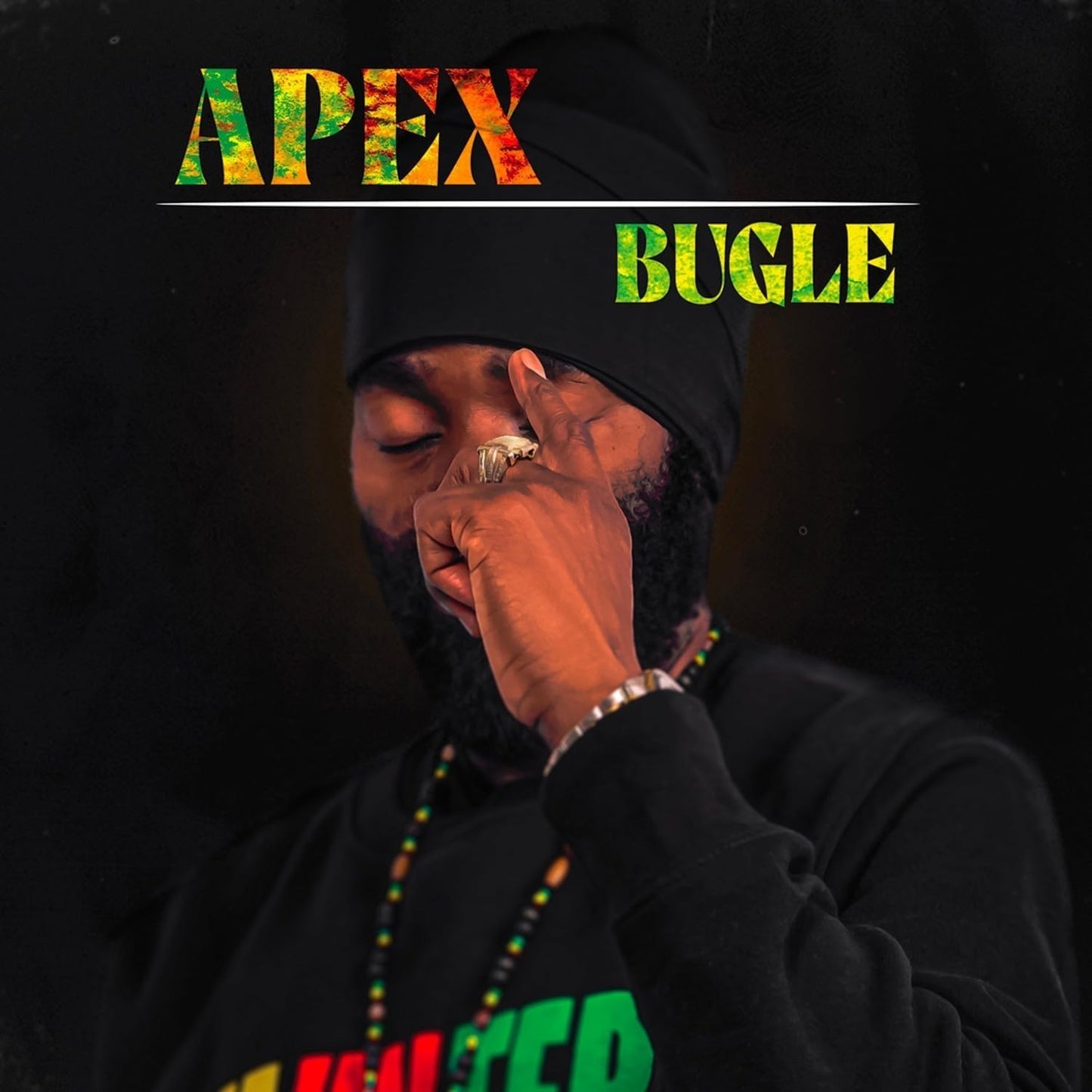 Close-up of Bugle, a reggae artist, with album title "APEX" overlayed.
