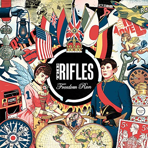 Album cover for The Rifles’ “Freedom Run” featuring portraits and flags.