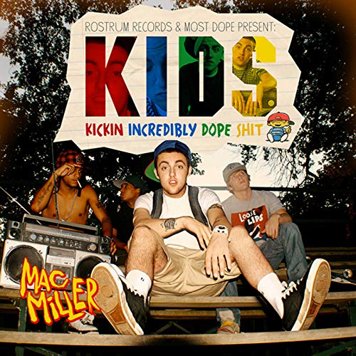 Album cover for Mac Miller’s “K.I.D.S.” featuring young men and bold lettering.